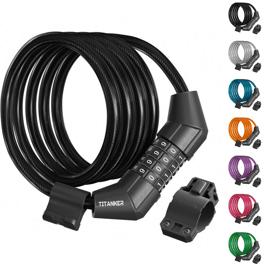 Titanker Bike Lock Cable, 4 Feet Bike Cable Lock Basic Self Coiling Kids Bike Lock Combination(4FT, Black-8mm)